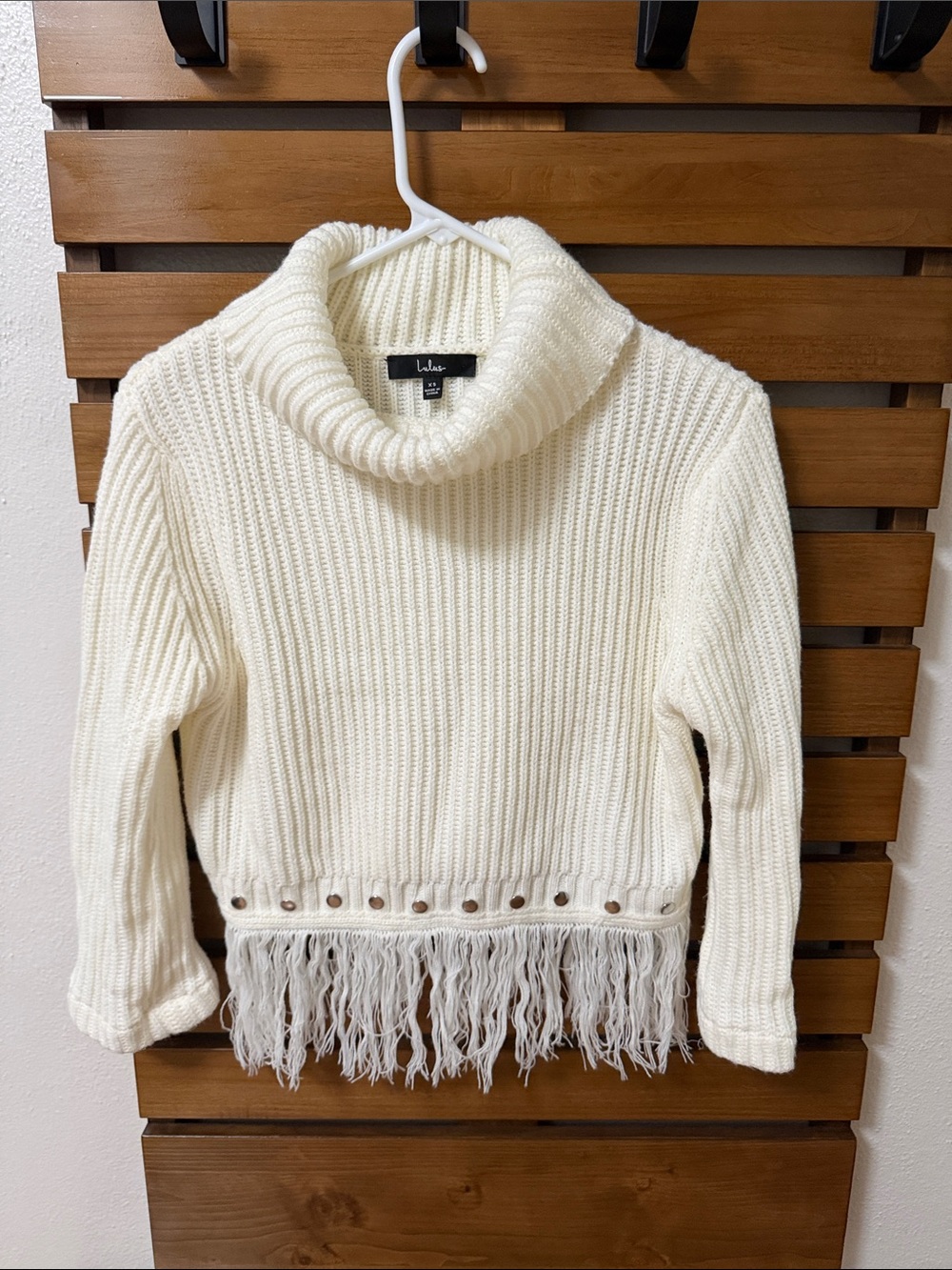 Lulu's XS Ivory Fringe Cowl Neck Sweater * Sleeves Shortened
